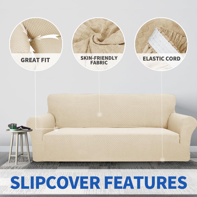 ZNSAYOTX 1 Piece Jacquard Couch Covers for 3 Cushion Couch High Stretch Sofa Cover for Pets Dogs Anti Slip Extra Large Sofa Slipcovers Furniture Protector (XL Sofa, Light Beige) - Image 3